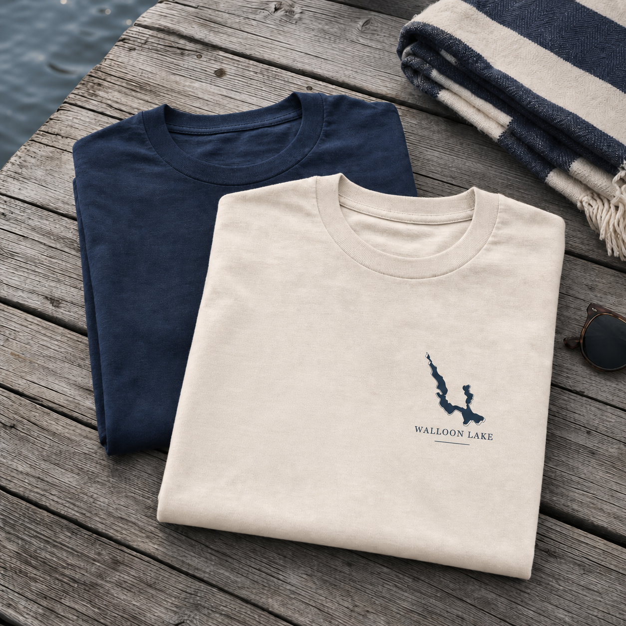 Bone Pocket Crest Walloon Lake shirt folded on weathered dock wood