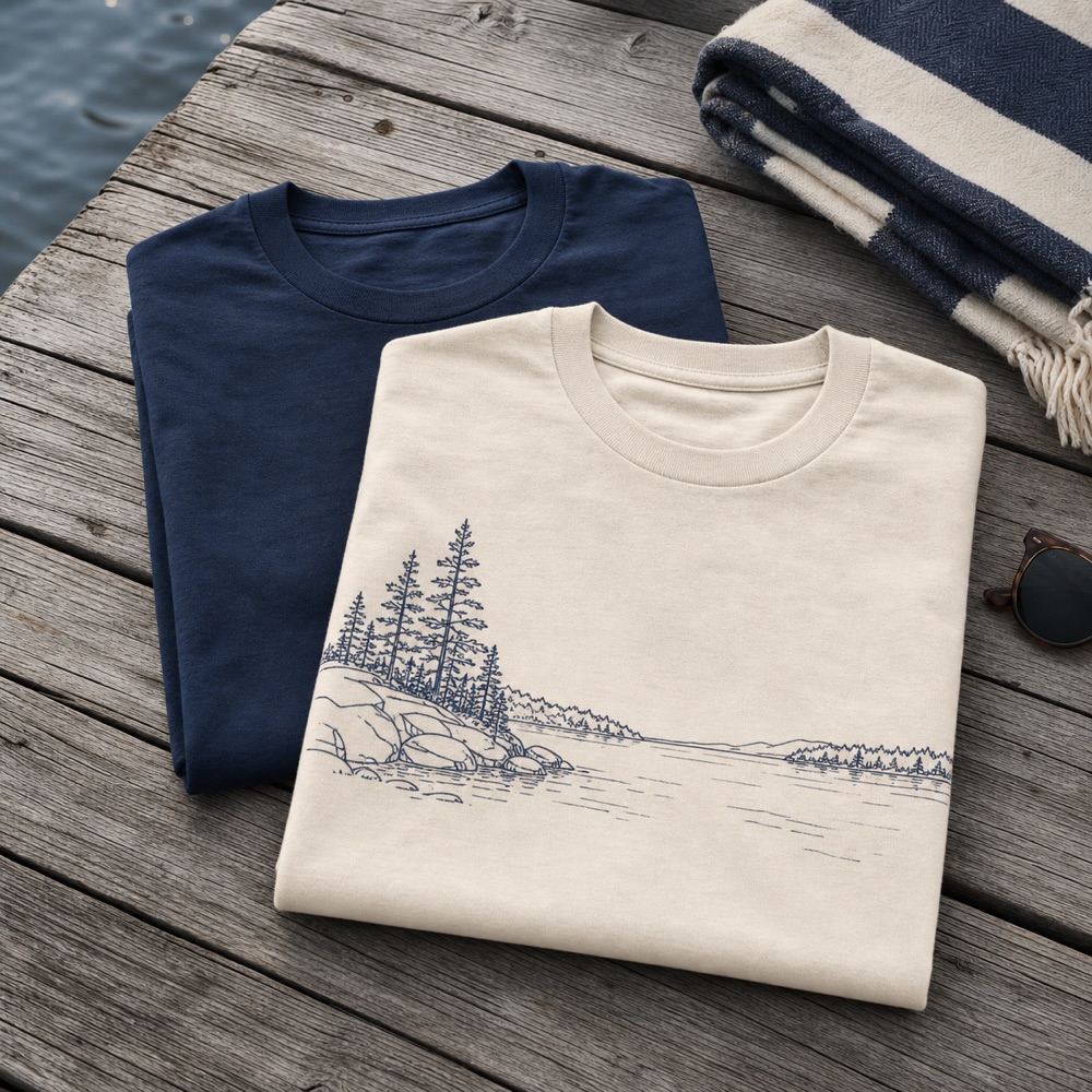 Bone and navy shirts folded on weathered dock wood