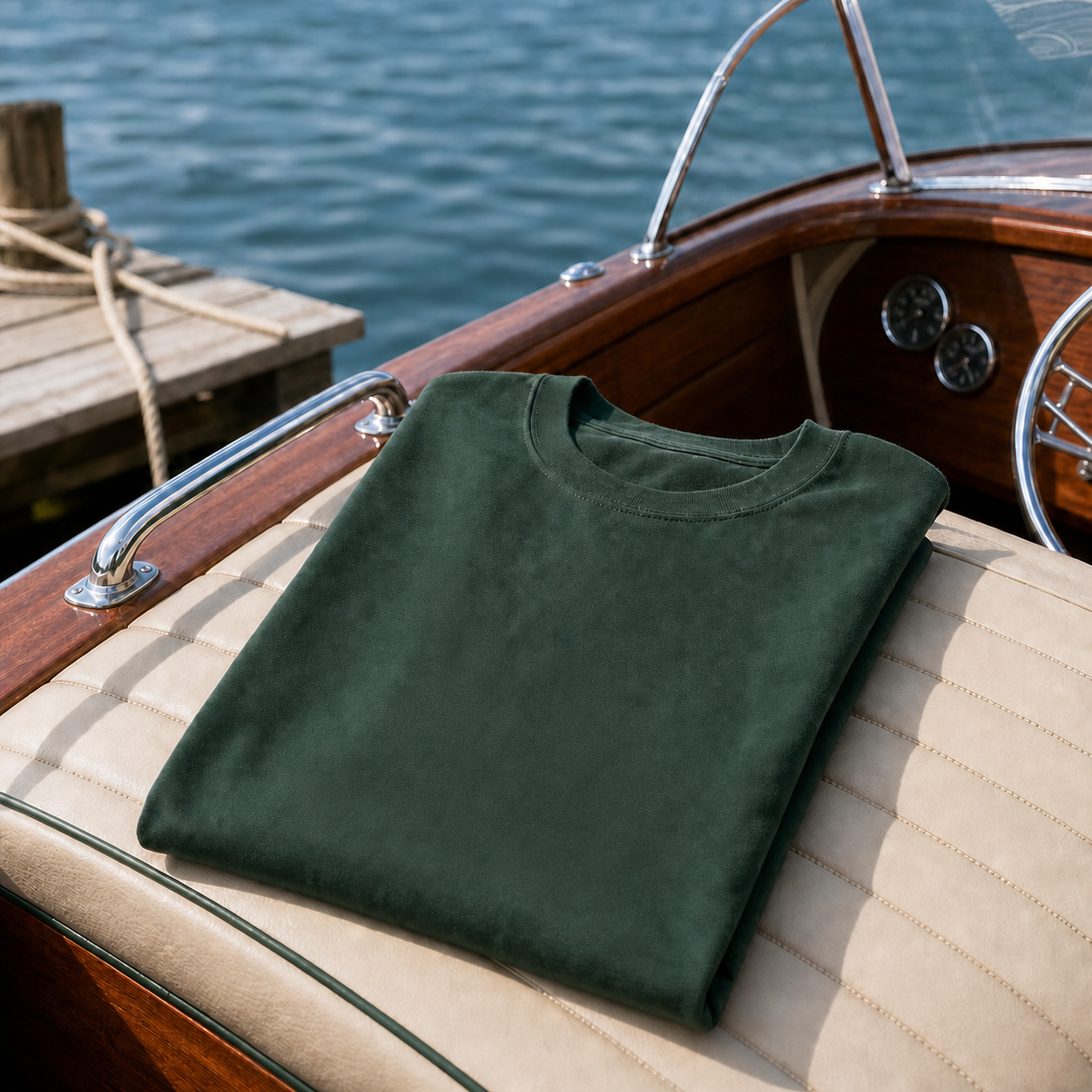 Pine Classic Walloon Lake shirt folded on a classic boat seat