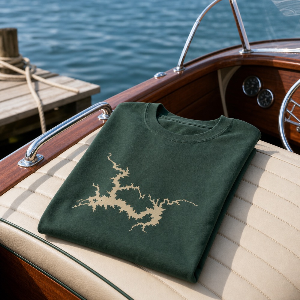 Folded pine green lake shirt on a classic boat seat