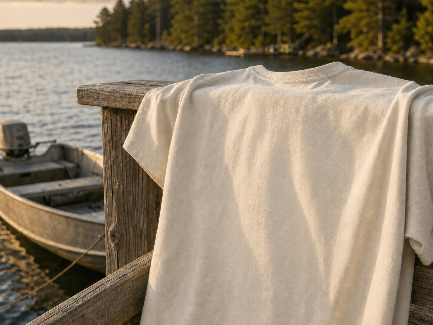 Bone Classic Walloon Lake shirt draped over a dock railing at golden hour