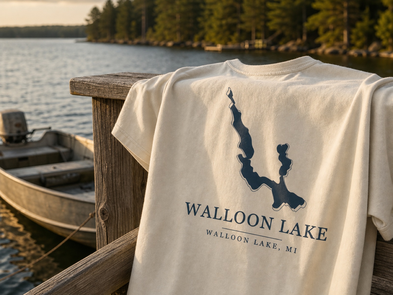 Cream Walloon Lake shirt draped over a dock railing at golden hour